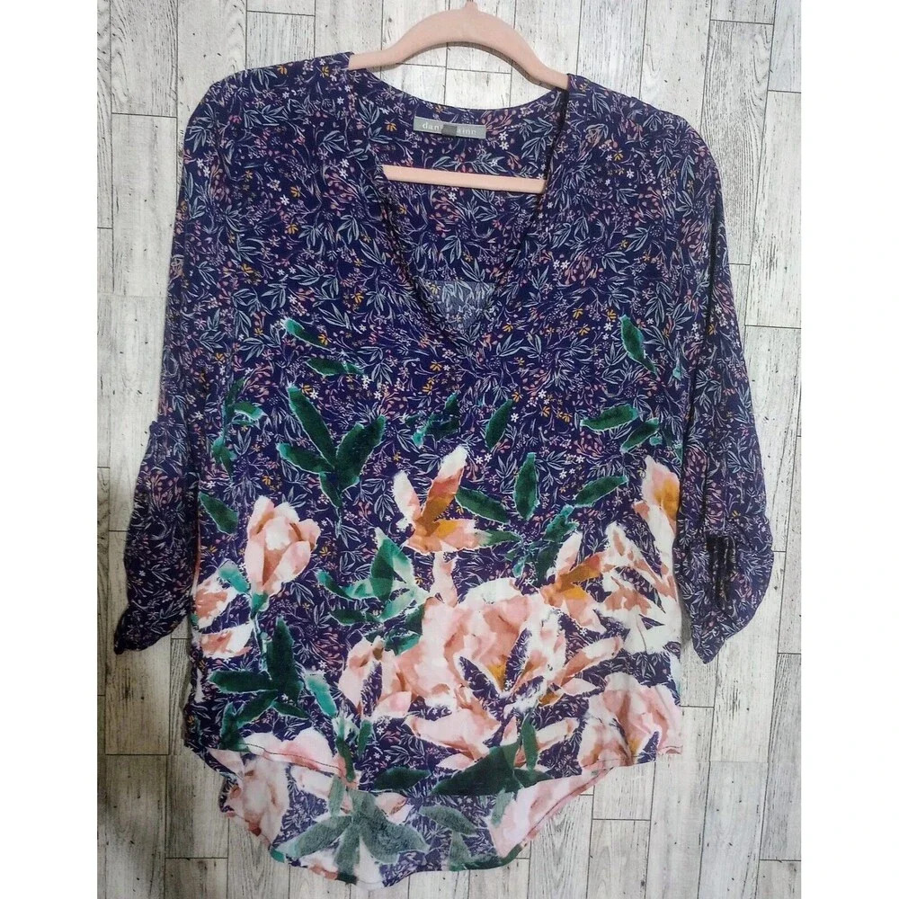 Daniel Rainn Blouse Floral Rayon 3/4 Roll Tab Sleeve V-neck Hi‎ Lo Size Large